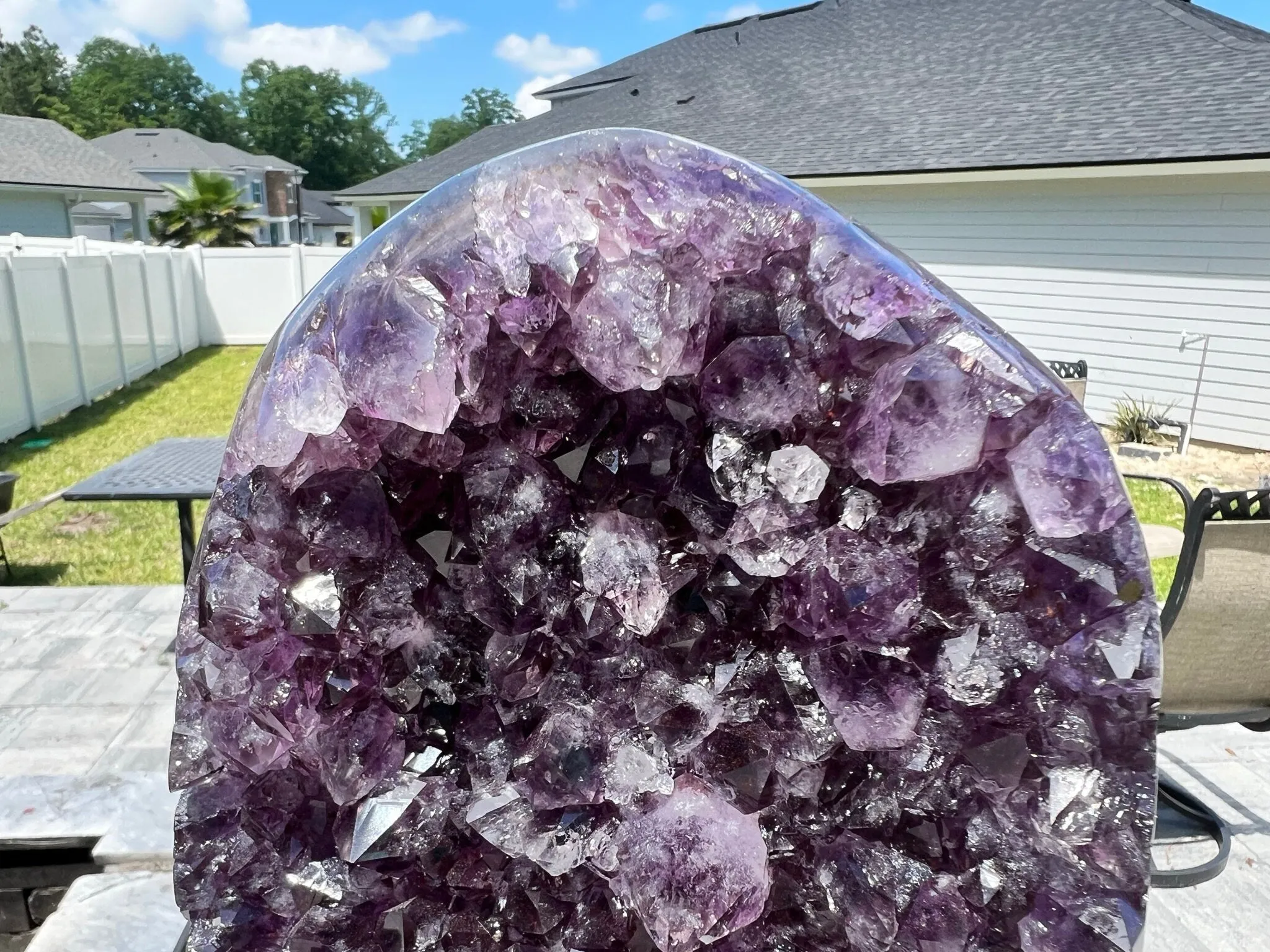 Amethyst Crystal Cluster 13lb 11oz on base with Polished Sides from Brazil Extra A  Dark Color, open faced.