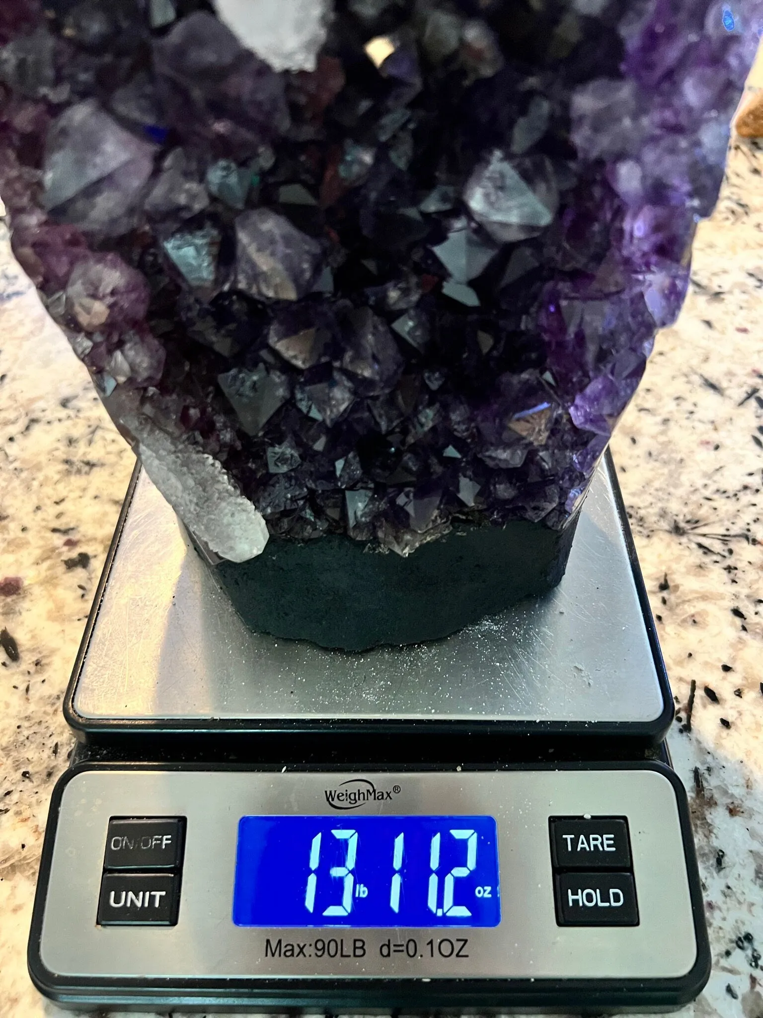Amethyst Crystal Cluster 13lb 11oz on base with Polished Sides from Brazil Extra A  Dark Color, open faced.
