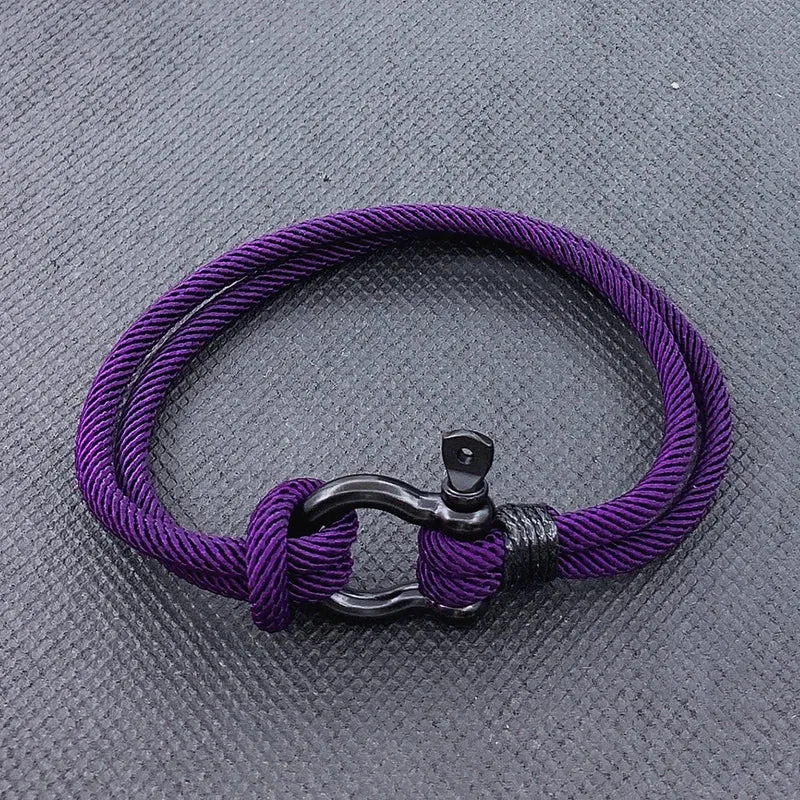 High Quality Men Marine Sailor Rope Nautical Survival Shackle Bracelet Black Stainless Steel Wrap Metal Sport Hooks For Women