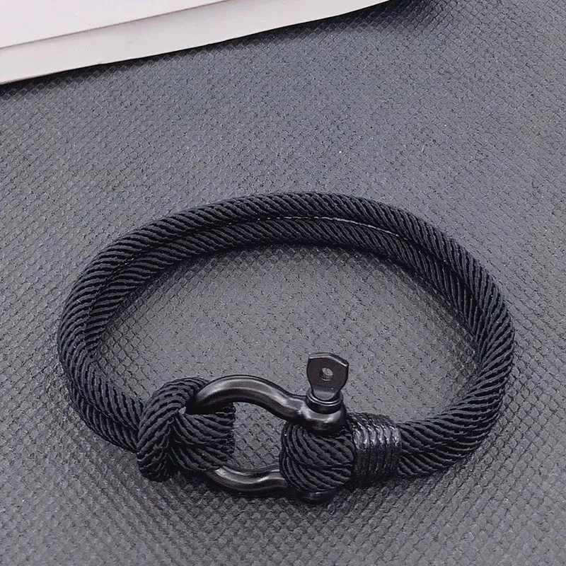 High Quality Men Marine Sailor Rope Nautical Survival Shackle Bracelet Black Stainless Steel Wrap Metal Sport Hooks For Women