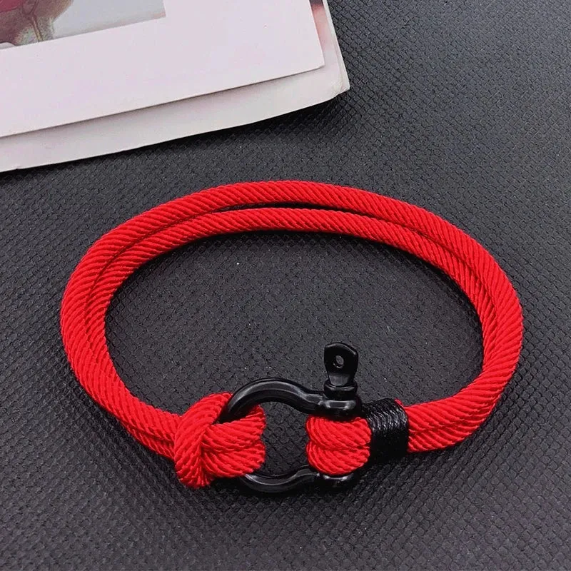 High Quality Men Marine Sailor Rope Nautical Survival Shackle Bracelet Black Stainless Steel Wrap Metal Sport Hooks For Women