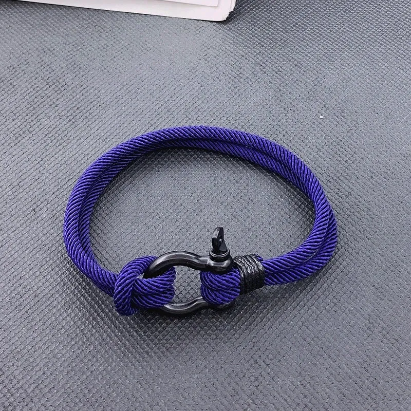 High Quality Men Marine Sailor Rope Nautical Survival Shackle Bracelet Black Stainless Steel Wrap Metal Sport Hooks For Women