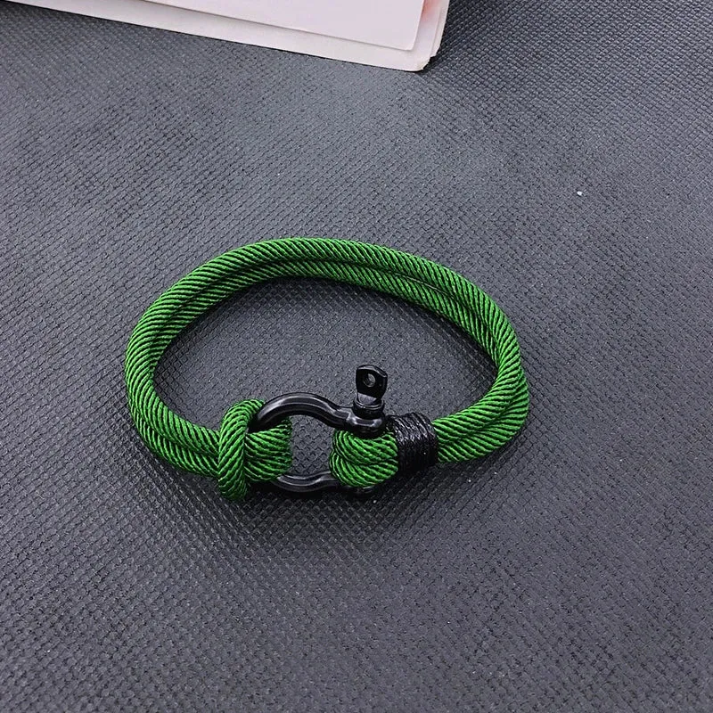 High Quality Men Marine Sailor Rope Nautical Survival Shackle Bracelet Black Stainless Steel Wrap Metal Sport Hooks For Women